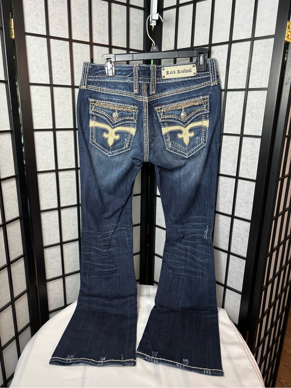 Rock Revival Dark Blue Flare Jeans with Cream Embroidered Back Pockets -Size 30